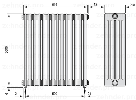 Схема (чертеж) Радиатор Zehnder Charleston 6300/14 №3570 Белый глянцевый RAL 9016